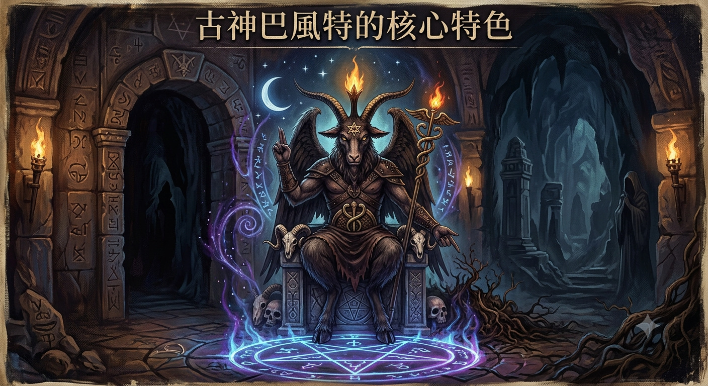 這幅圖像描繪了神秘的古神巴風特坐於祭壇之上,周圍環繞著古老的符文與魔法陣。 畫面以幽暗的地牢為背景,突顯了巴風特莊嚴且充滿力量的異教神祇氛圍。