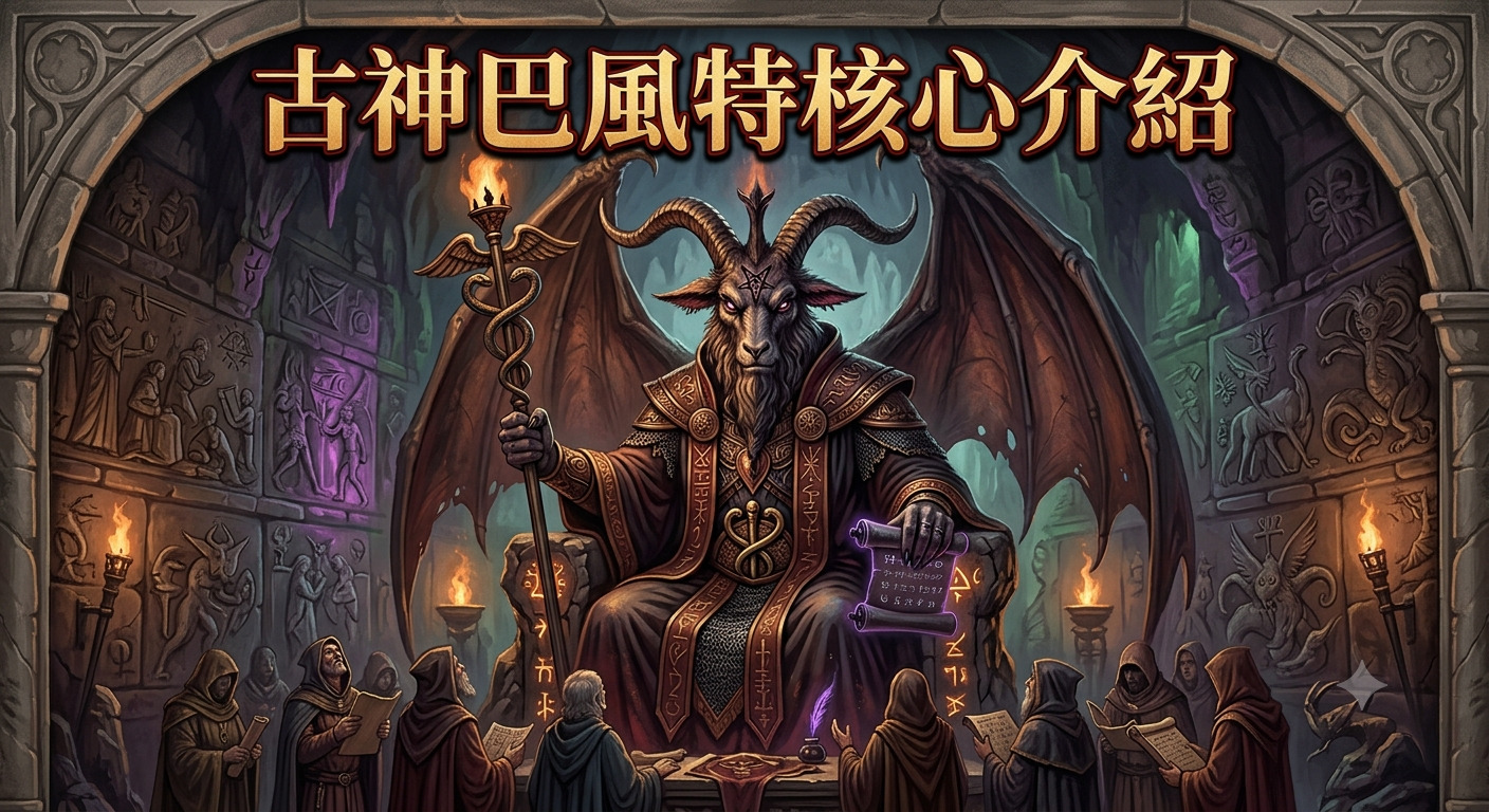 這是一幅描繪古神巴風特端坐於神祕大殿王座之上的畫作，四周圍繞著正在研讀古籍的信徒。 畫面頂部中央印有「古神巴風特核心介紹」的標題，整體氛圍呈現出濃厚的暗黑奇幻與宗教神秘感。