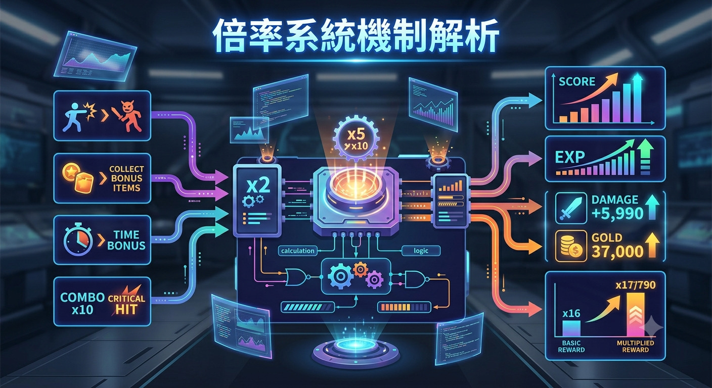 這張圖片以科技感十足的藍色調為基底，展示了「倍率系統機制解析」的視覺化流程圖。 畫面中央為核心運算處理器，連接了輸入的加成要素與右側顯著提升的遊戲數據回饋。