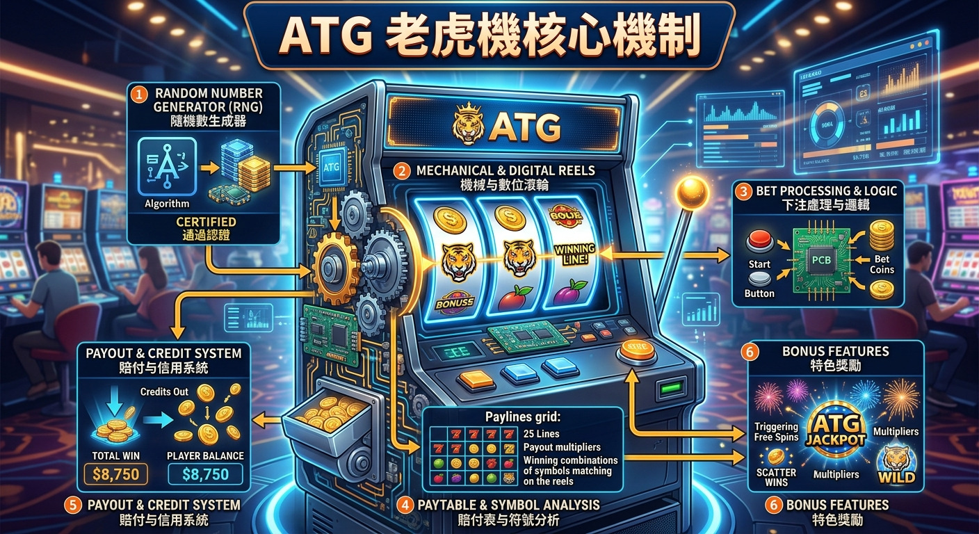 這張圖像展示了 ATG 老虎機的核心運作機制,詳細呈現了從隨機數生成器、捲軸轉動邏輯到賠付系統與獎勵功能的運作流程。 整體設計以科技感風格呈現,旨在清晰拆解現代線上老虎機內部的技術架構與各項遊戲核心要素。
