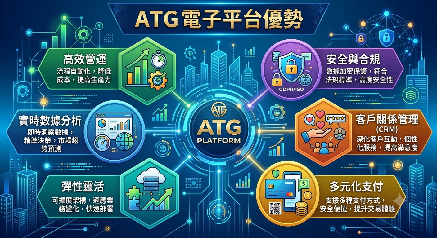 這張圖表展示了 ATG 電子平台的各項核心優勢,透過現代化的科技設計呈現出高效運營、安全合規與數位化管理的數位生態系統。 其佈局圍繞核心平台展開,清楚強調了數據分析、客戶服務及多樣化支付等功能,旨在提升企業競爭力與市場反應速度。